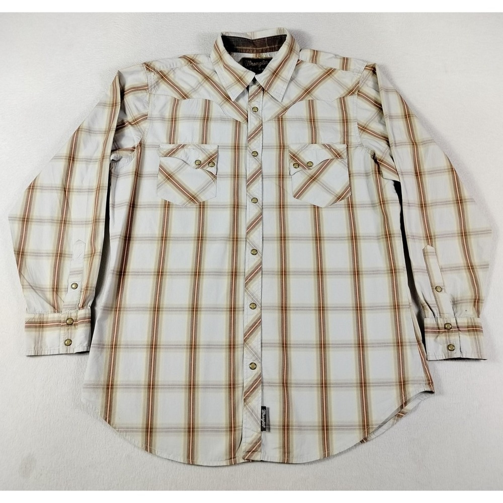 Wrangler Retro Shirt Mens XL Beige‎ Plaid Western Pearl Snap Cowboycore Rodeo